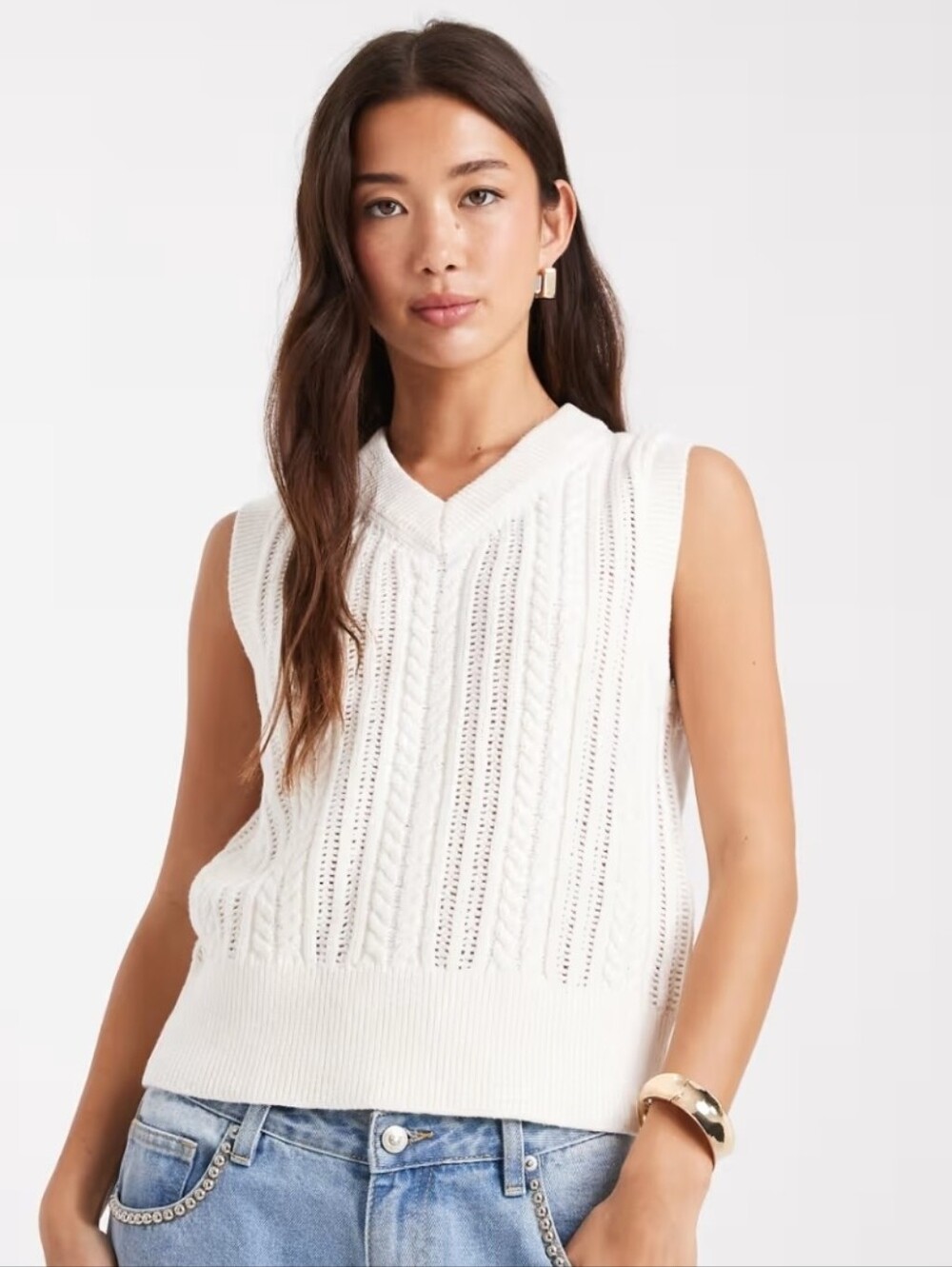 French Connection White Cable Knit V-Neck Sweater Vest
